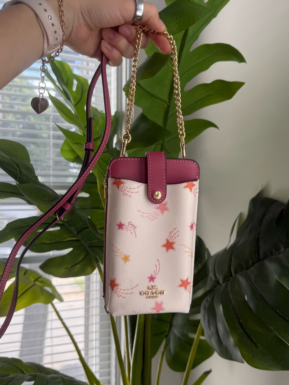 Coach Star-Print Phone Crossbody in Pink/White